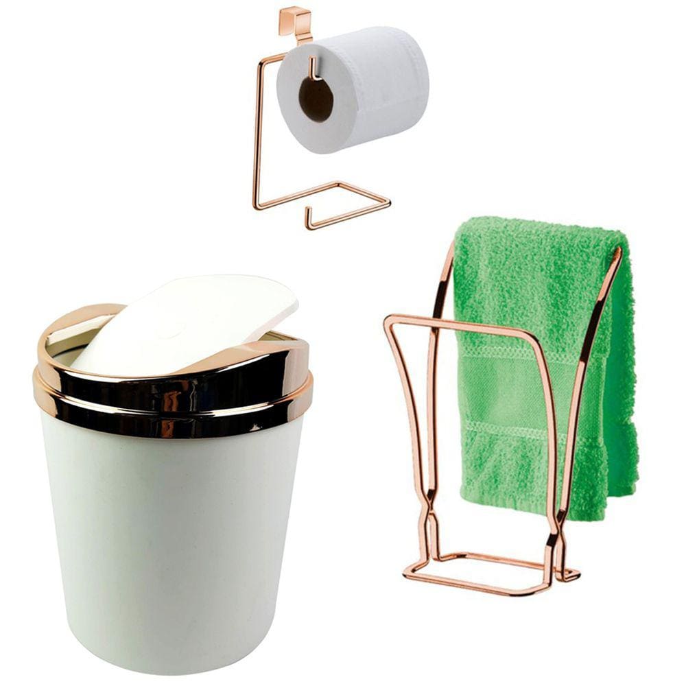 Kit Banheiro Porta Toalha + Suporte Papel Higiênico + Lixeira Rose Gold - Future
