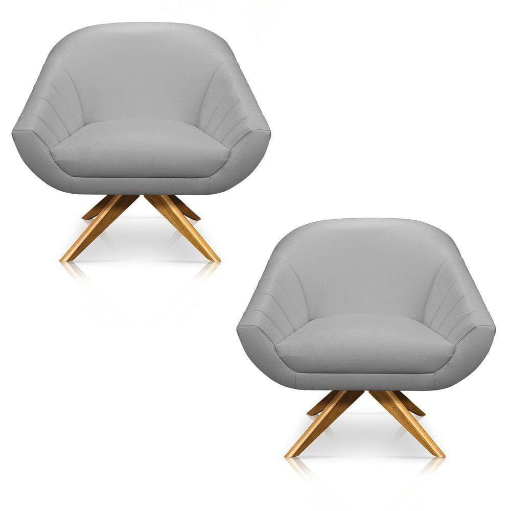 Kit 02 Poltronas Giratória Giovana Corino Cinza Base Madeira