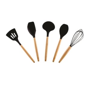 Kit Utensílios 5 Peças Bambu com Silicone Preto