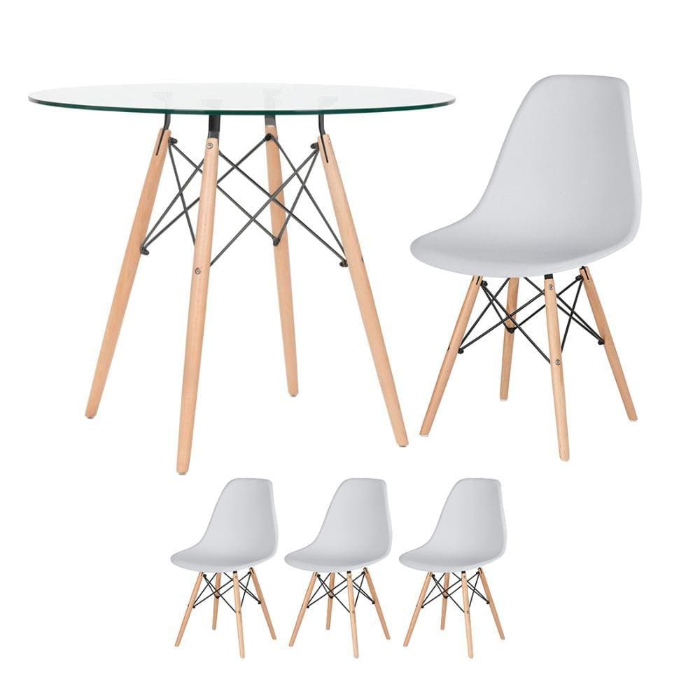 KIT - Mesa Eames com tampo de vidro 90 cm + 3 cadeiras Eiffel DSW