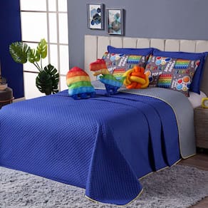 Cobre Leito Pop It Azul Dupla Face Almofadas Casal 08 Peças