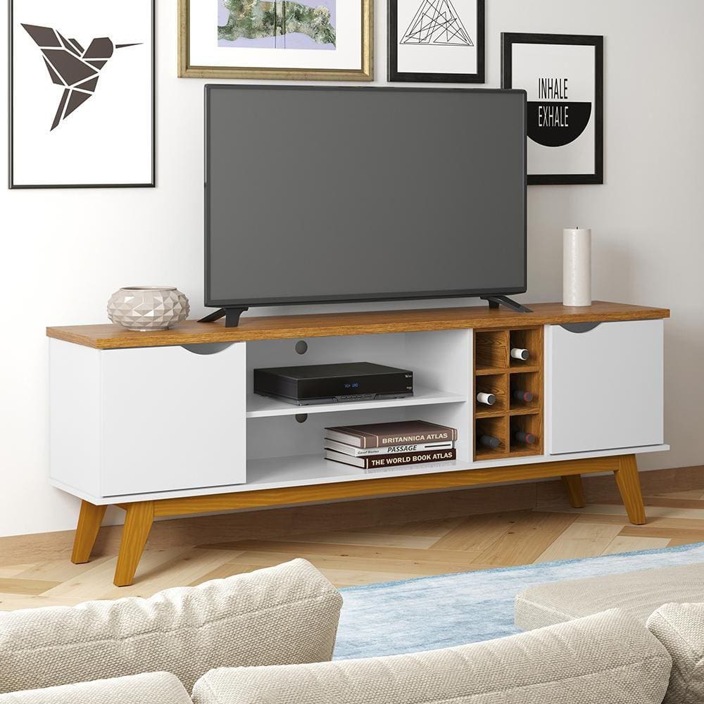 Rack Retrô Prism 1.8 com Adega e Duas Portas - Branco com Cumarú - Patrimar Móveis