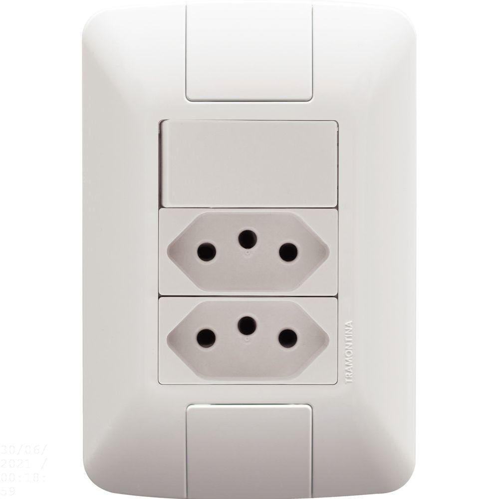 Conjunto 4x2 com 1 Interruptor Simples 6 A 250 V e 2 Tomadas 2P+T 20 A 250 V Tramontina Aria Branco Tramontina