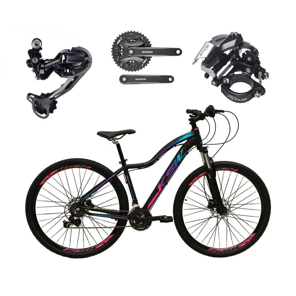 Bicicleta Feminina Aro 29 Ksw Mwza Alumínio Câmbio Traseiro Shimano Deore e Altus 27v Freio Hidráulico Garfo Com Trava - Preto/Pink/Azul
