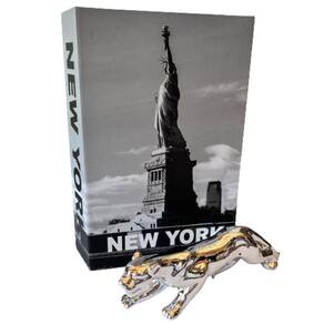 Conjunto decorativo livro + escultura Pantera prateada