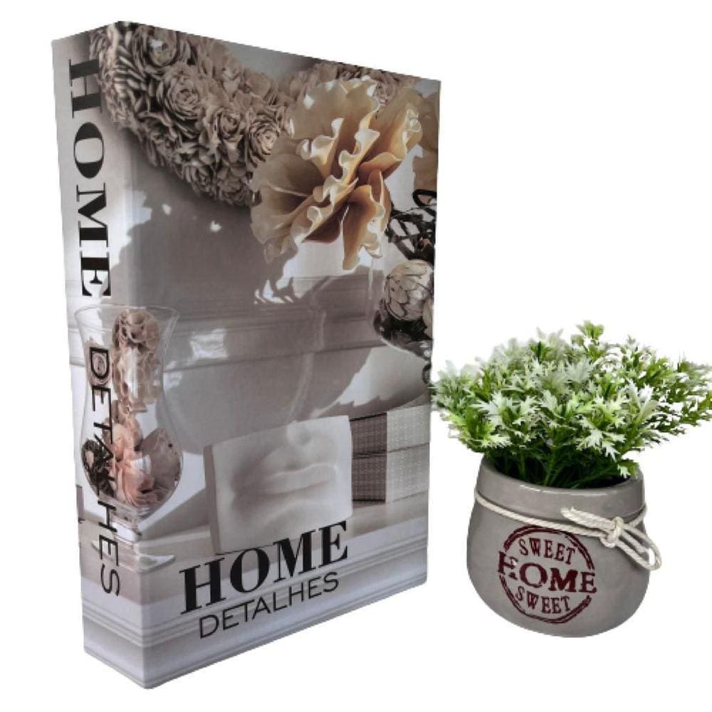 Conjunto decoração livro Home + vaso cinza de cerâmica