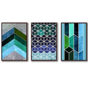 3 Quadros Decorativos Cor Azul Moldura Madeira
