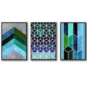 3 Quadros Decorativos Cor Azul Moldura Preta