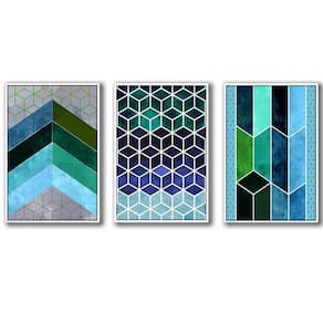 3 Quadros Decorativos Cor Azul Moldura Branca