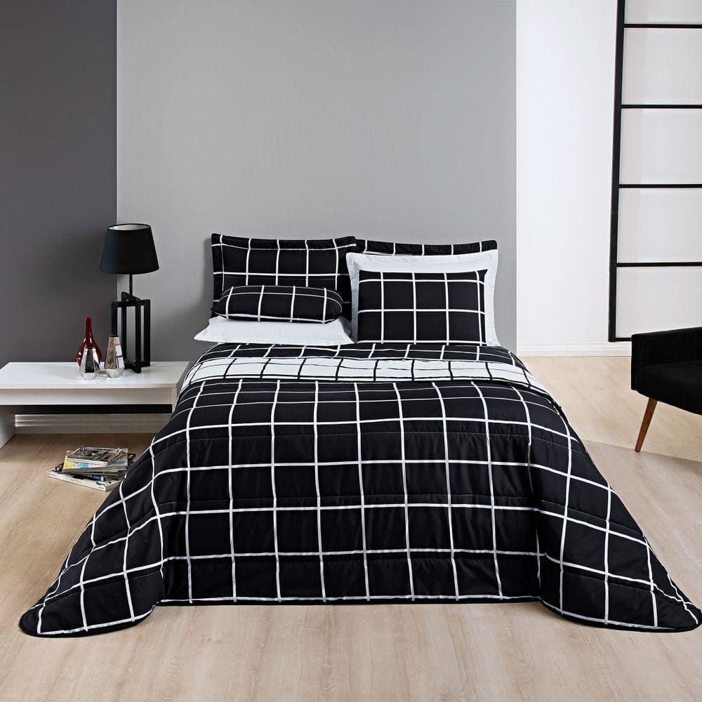 Cobre Leito Colcha Casal 3 peças Micropercal 200 Fios Matelado Dupla Face - Preto e Branco