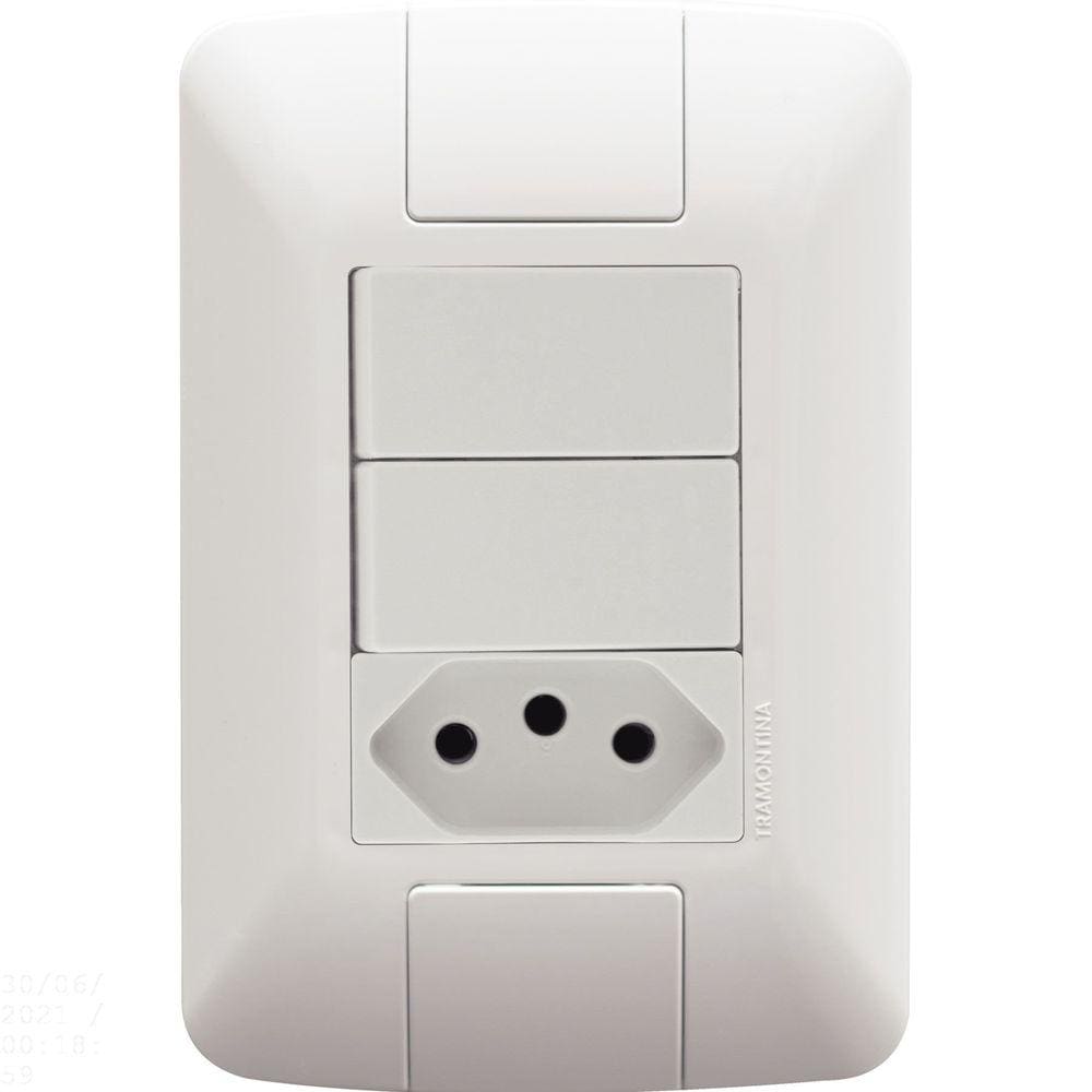 Conjunto 4x2 com 2 Interruptores Simples 6 A 250 V e 1 Tomada 2P+T 10 A 250 V Tramontina Aria Branco Tramontina