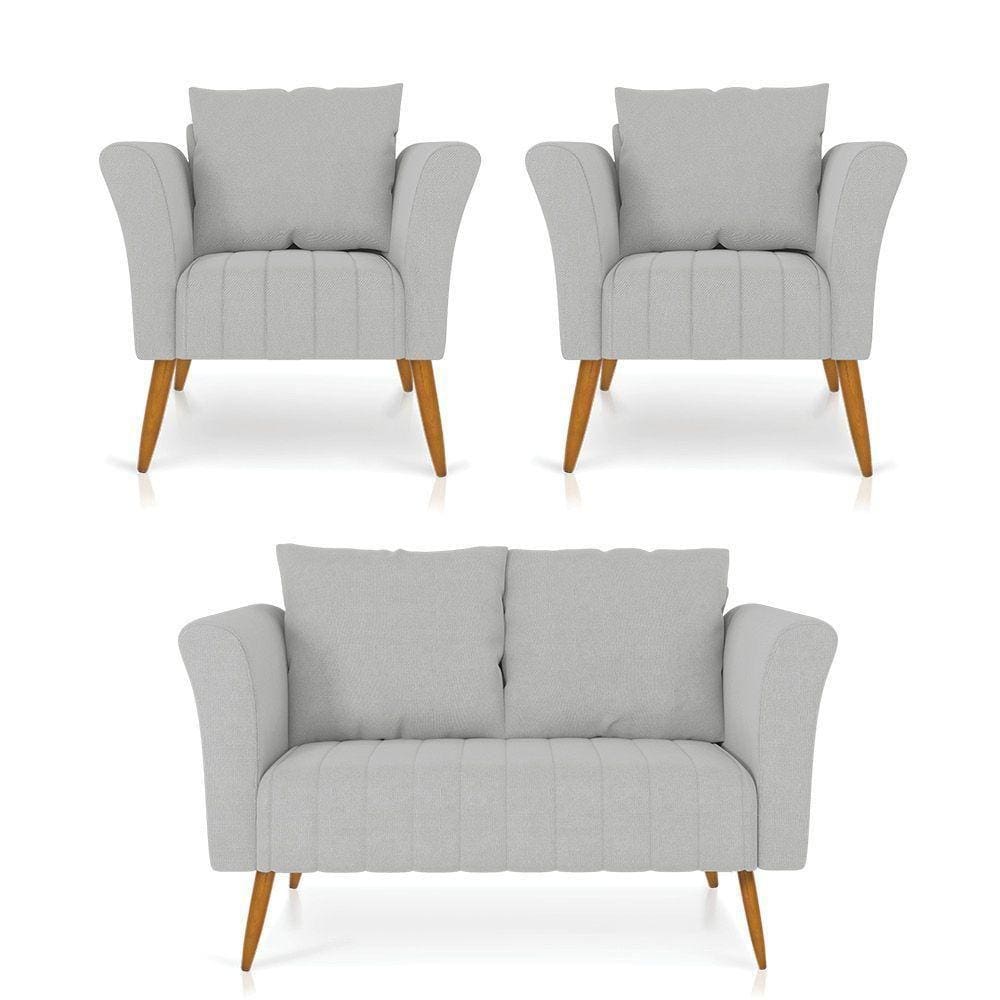 Kit 01 Namoradeira 02 Lugares E 02 Poltronas Marilia Linho Cinza Claro A05 Pés Palito Castanho - D`rossi