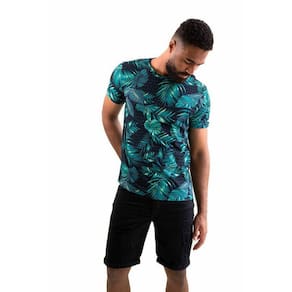 Camiseta Masculina Ixória Básica Estampada Folhagem Marinho