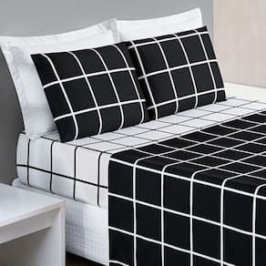 Jogo Cama Lençol Brooklyn Solteiro Quadriculado Micropercal 200 Fios 3 Peças - Preto