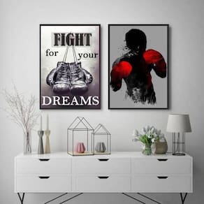 Kit 2 Quadros Boxe Fight For Your Dreams 45X34 Moldura Preta