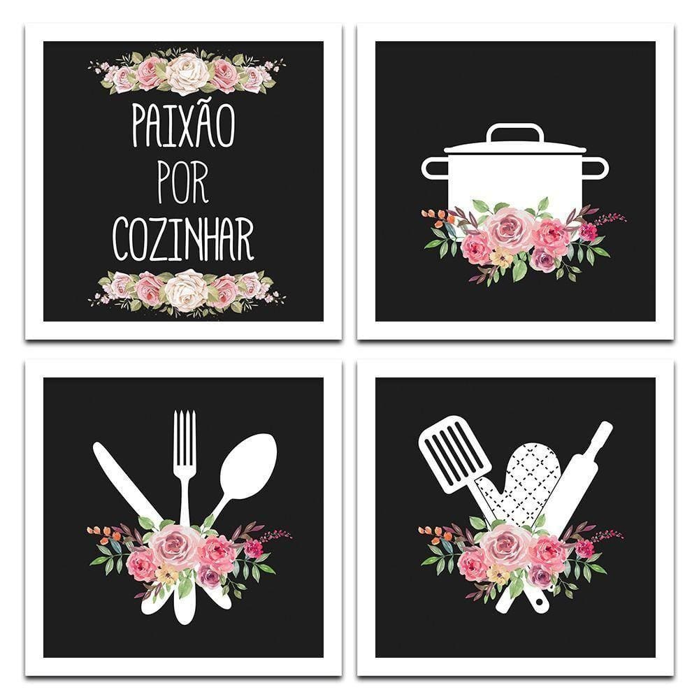 Conjunto 4 Quadros  20x20 Paixão Por Cozinhar Moldura Branca