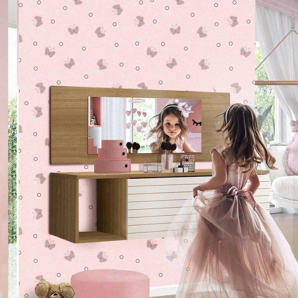 Penteadeira Suspensa Infantil Com Espelho Nature Branco Funny Peternella - Marrom