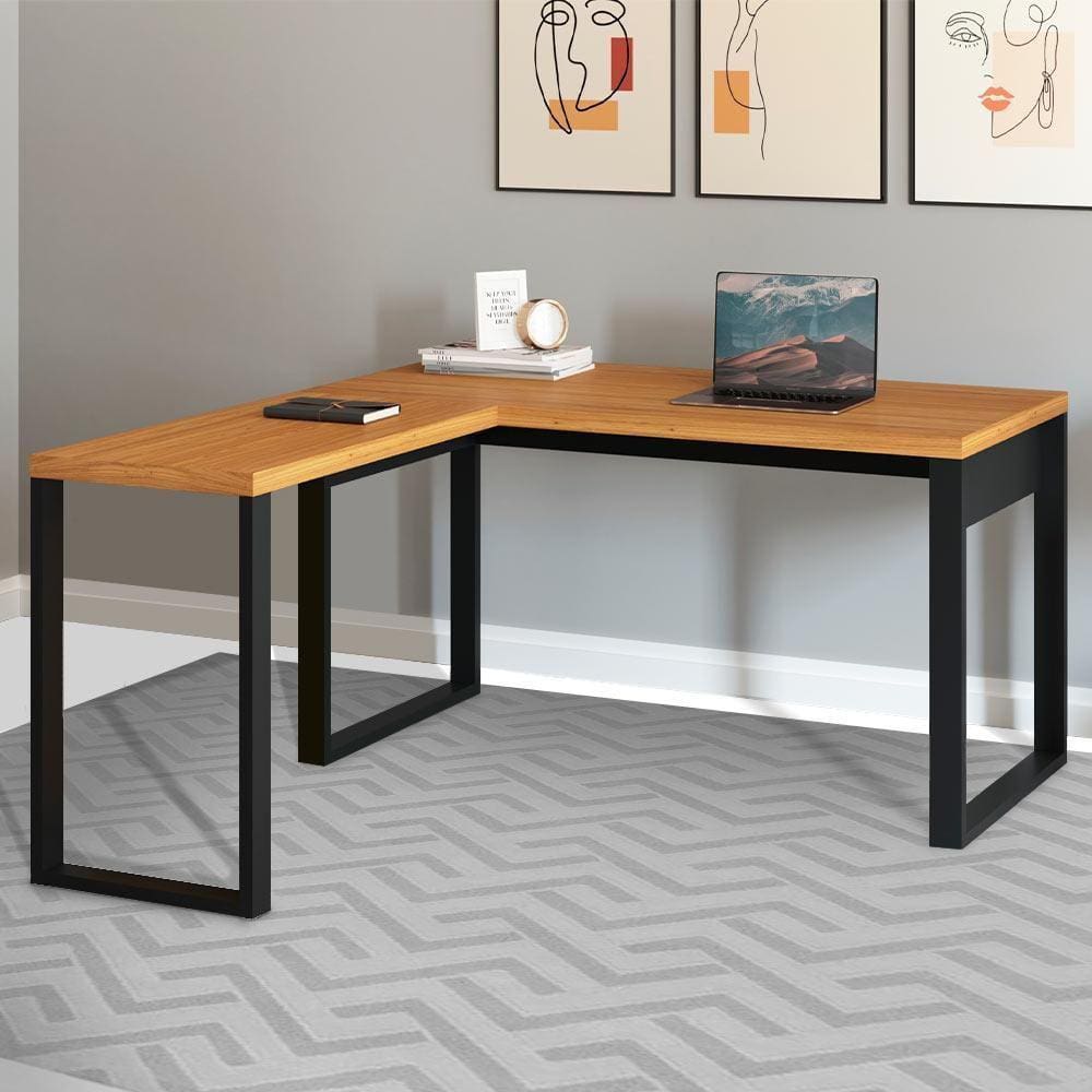Mesa Escritório Em L Estilo Industrial F22 Freijó/Preto Fosco - Pradel - Preto