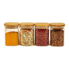 Kit 4 Potes De Vidro Tampa Bambu Quadrado Flat 200Ml