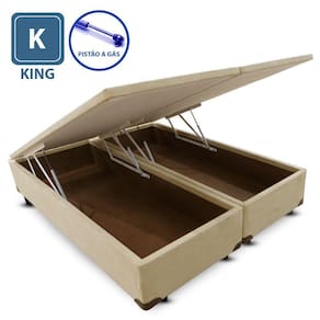 Cama Box King Size Com Baú Pistão A Gás Bege Suede Bipartido - 193x203