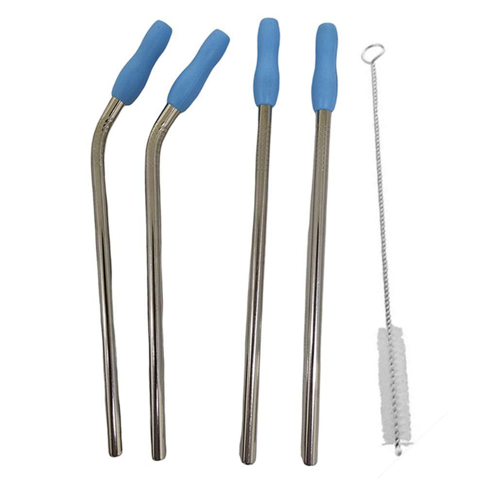 Canudo Aço Inox Reutilizavel Kit 4 Peças MilkShake Vitamina Reto Curvo Escova de Limpeza Ponteira Higienico Ecologico Sustentavel