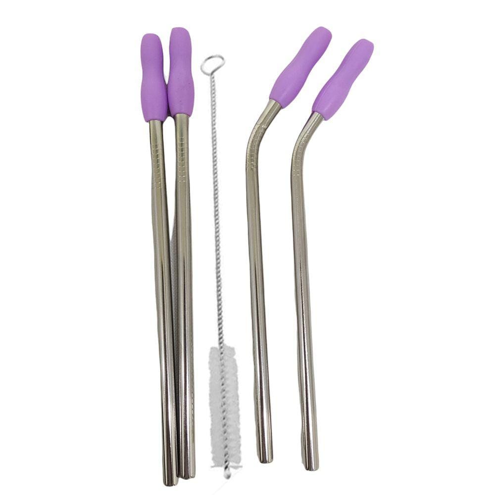 Canudo Aço Inox Kit 4 Peças Reutilizavel MilkShake Vitamina Bebida Reto Curvo Ponteira de Silicone Escova de Limpeza Sustentavel Ecologico