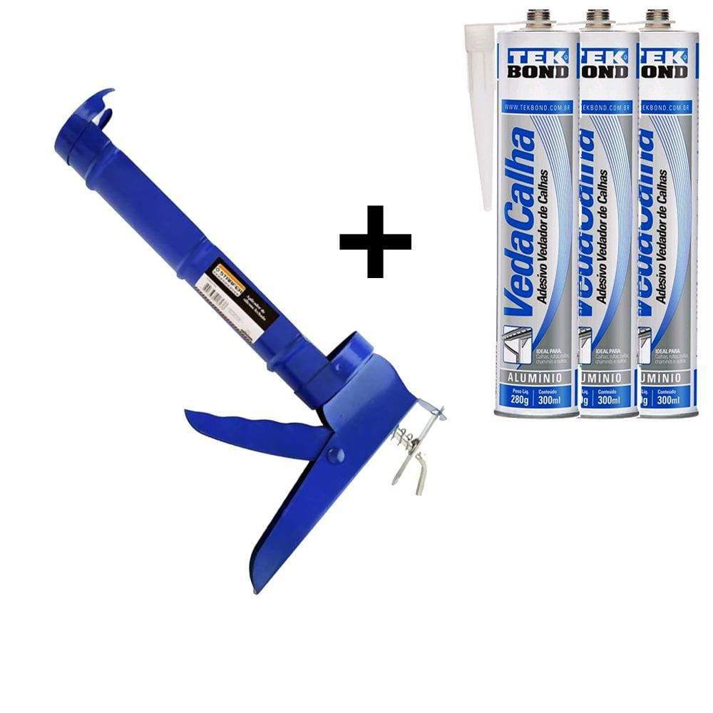 Aplicador de silicone + 3 Cola Silicone Veda Calha Telha Rufos Coifas Cor Alumínio 280g Tekbond