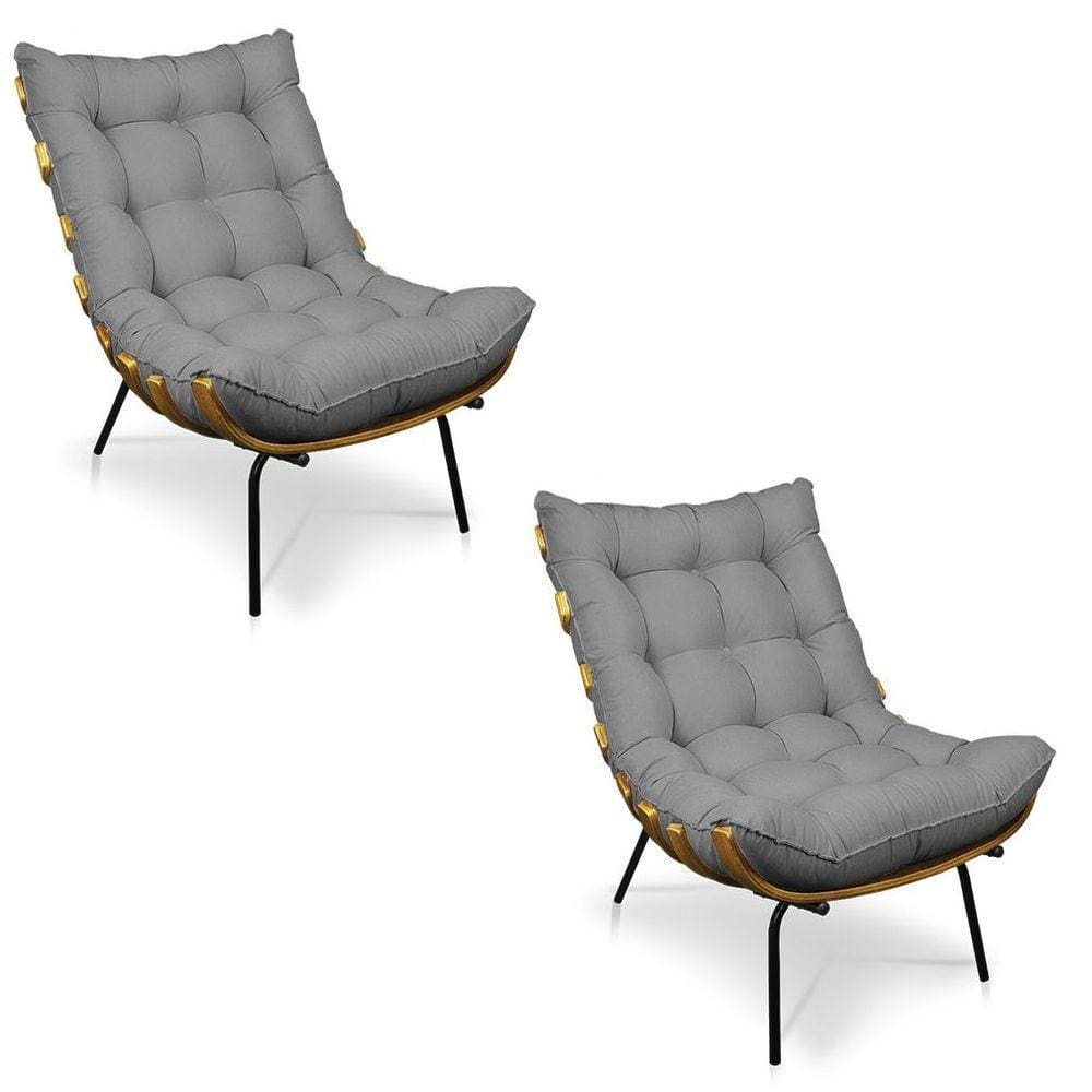 Kit 02 Poltronas Costela Linho Base De Metal - D`Rossi A26 Grafite