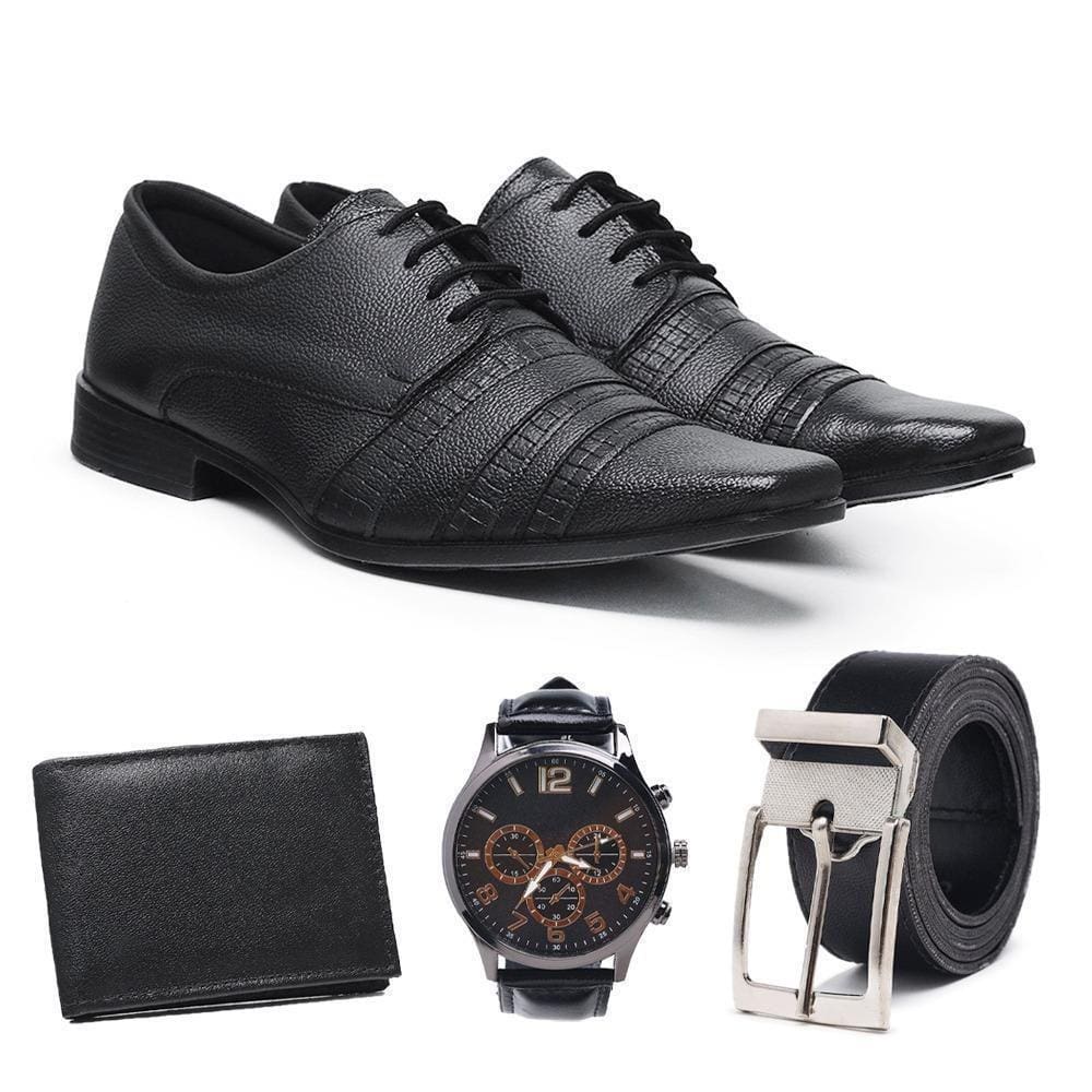 Kit Sapato Social Couro + Relógio + Acessórios Masculinos
