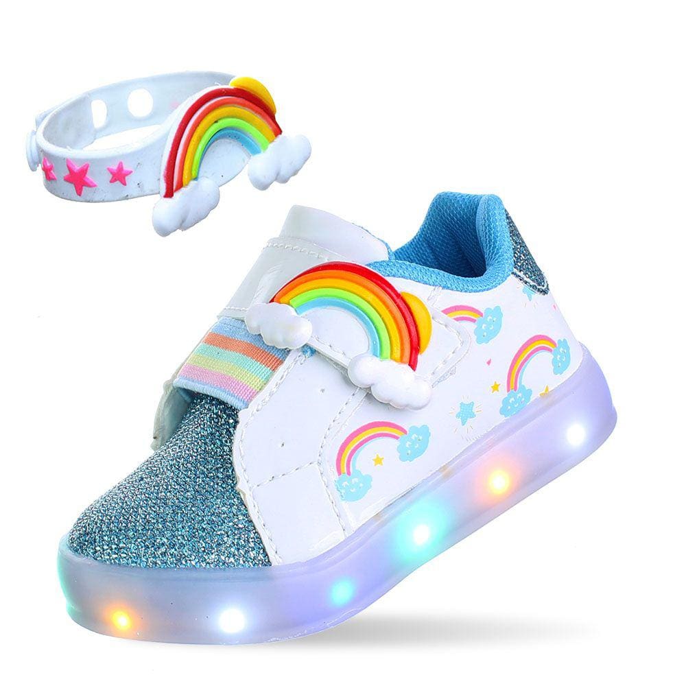Tenis Led Luz Arco Iris Nuvem Infantil Menina Com Acessório Pulseira