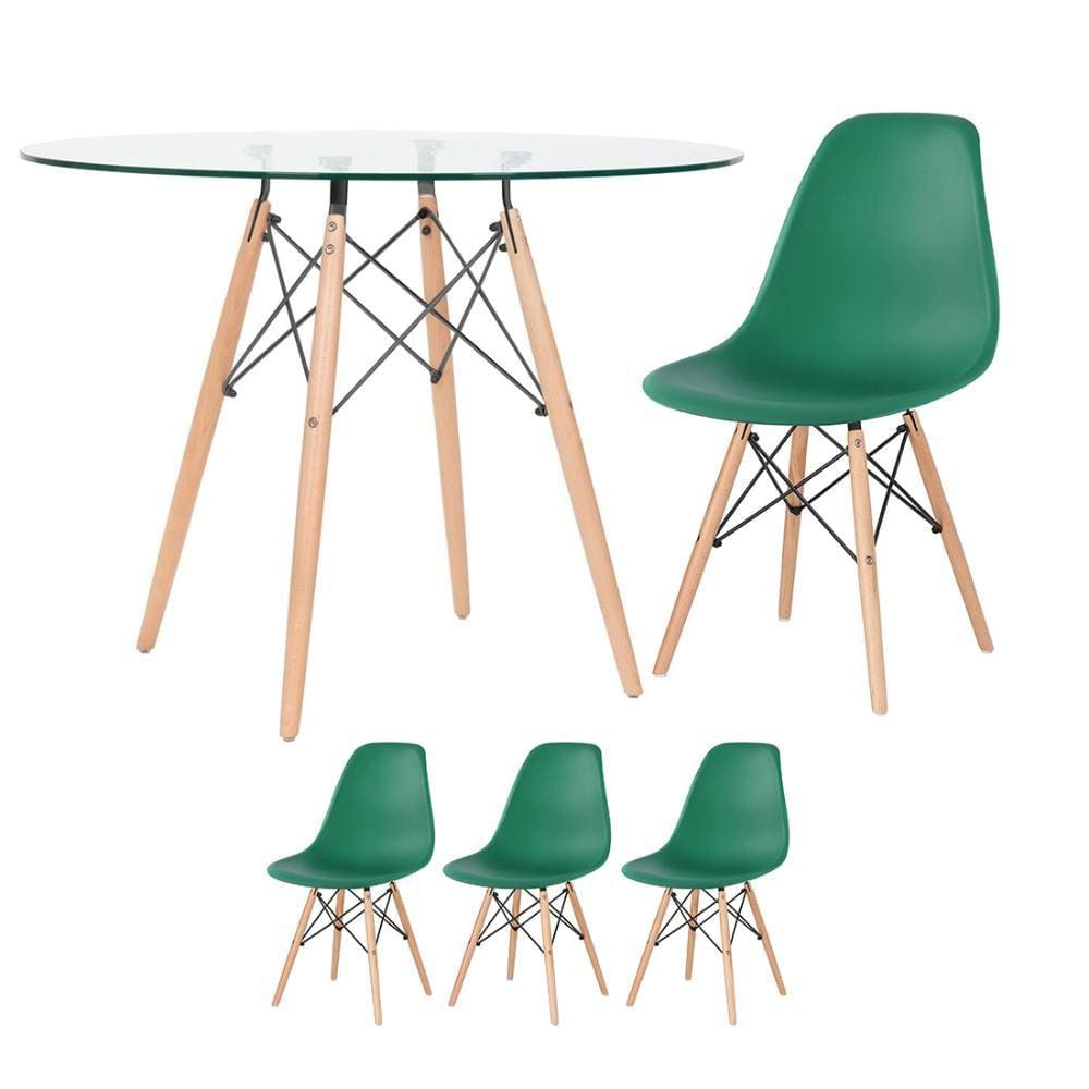 Mesa redonda Eames com tampo de vidro 100 cm + 3 cadeiras Eiffel DSW