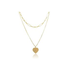Colar Duplo Folheado Em Ouro 18k Com Coração