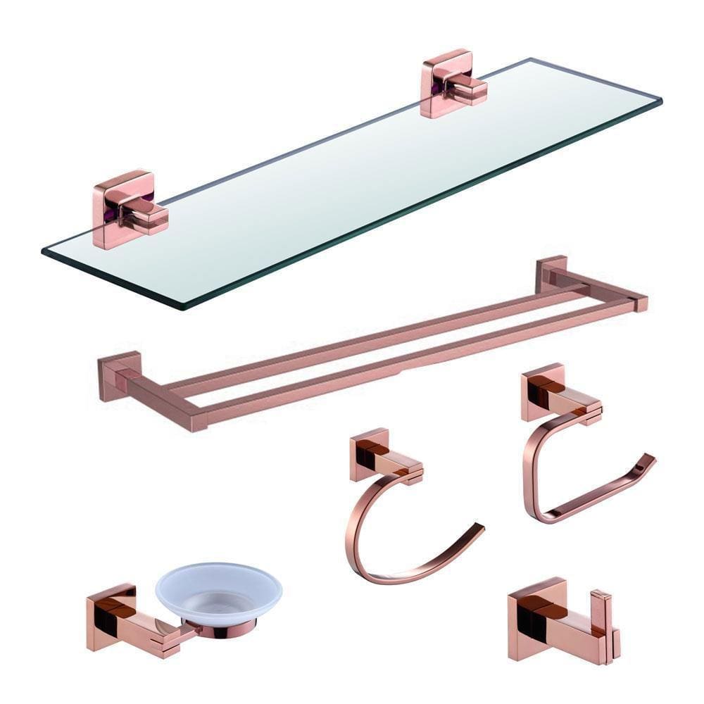 Kit Acessórios para Banheiro Prizi Aço Inox 6 Peças Rose com Porta Toalha Duplo