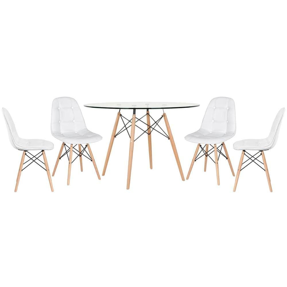 Mesa Eames com tampo de vidro 120 cm + 4 cadeiras estofadas Eiffel Botonê