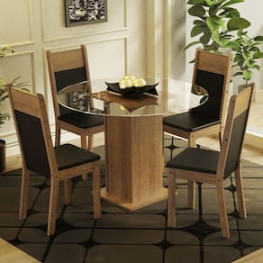 Conjunto Sala de Jantar Madesa Beta Mesa Tampo de Vidro Redondo 4 Cadeiras - Rustic/Preto