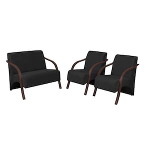 Conjunto Vênus Pé Madeira 1 Namoradeira 2 Poltronas Tecido Sintético (Courino) Preto