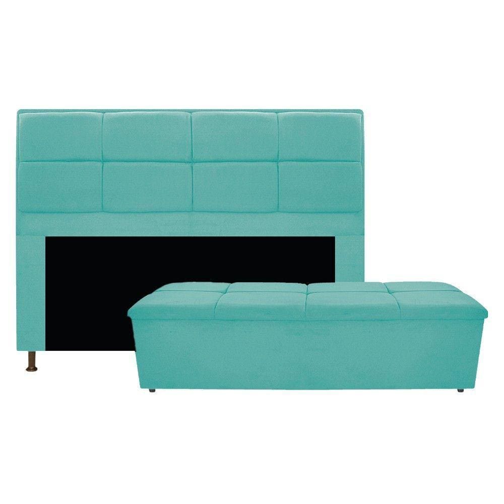 Cabeceira e Calçadeira Munique 160 Cm Queen Size Suede Azul