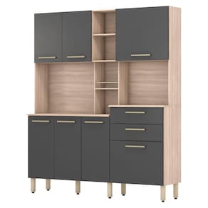 Kit Cozinha Com 7 Portas e 2 Gavetas Cor Avena Grafito Encanto