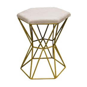 Kit 03 Puff Banqueta Louis Industrial Hexágono Ferro Dourado Corino Bege