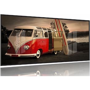 Quadro Kombi Vermelha Vintage Retrô Surf Praia 130x60 Moldura Preta 2x2