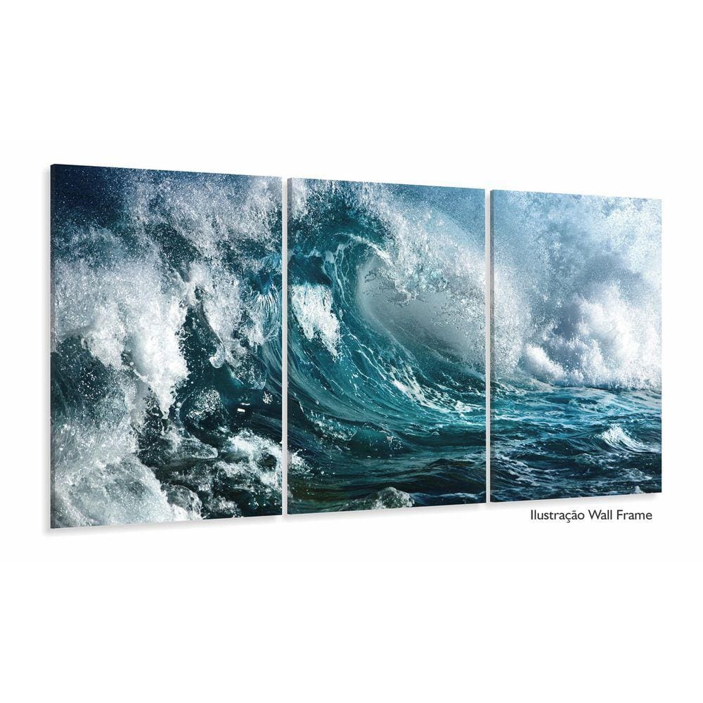 Quadro Decorativo Onda Mar Azul 120x60 3 peças sala quarto