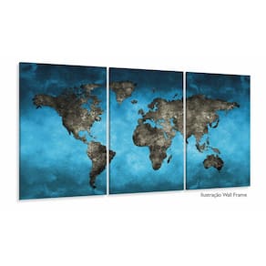Quadro decorativo Mapa Mundi Azul Mosaico 3Peças 120x60
