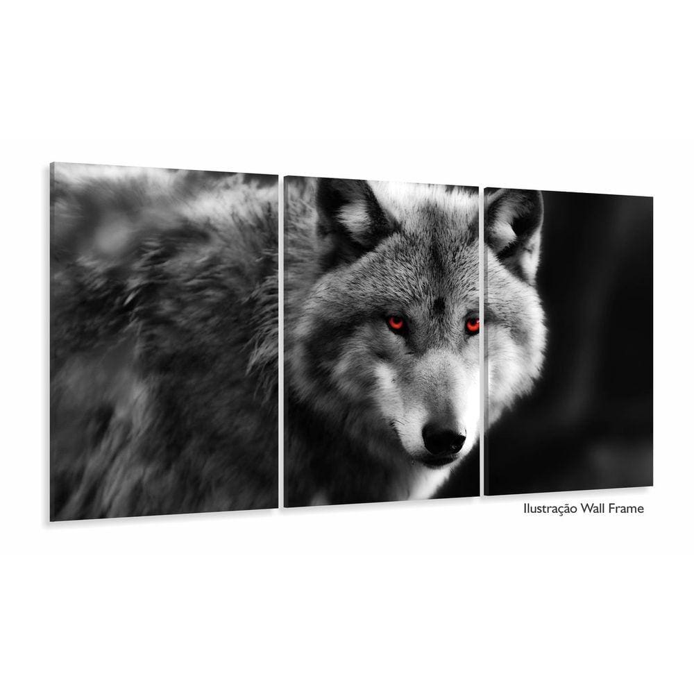 Quadro Decorativo Lobo Preto e Branco 120x60 3 peças sala qu