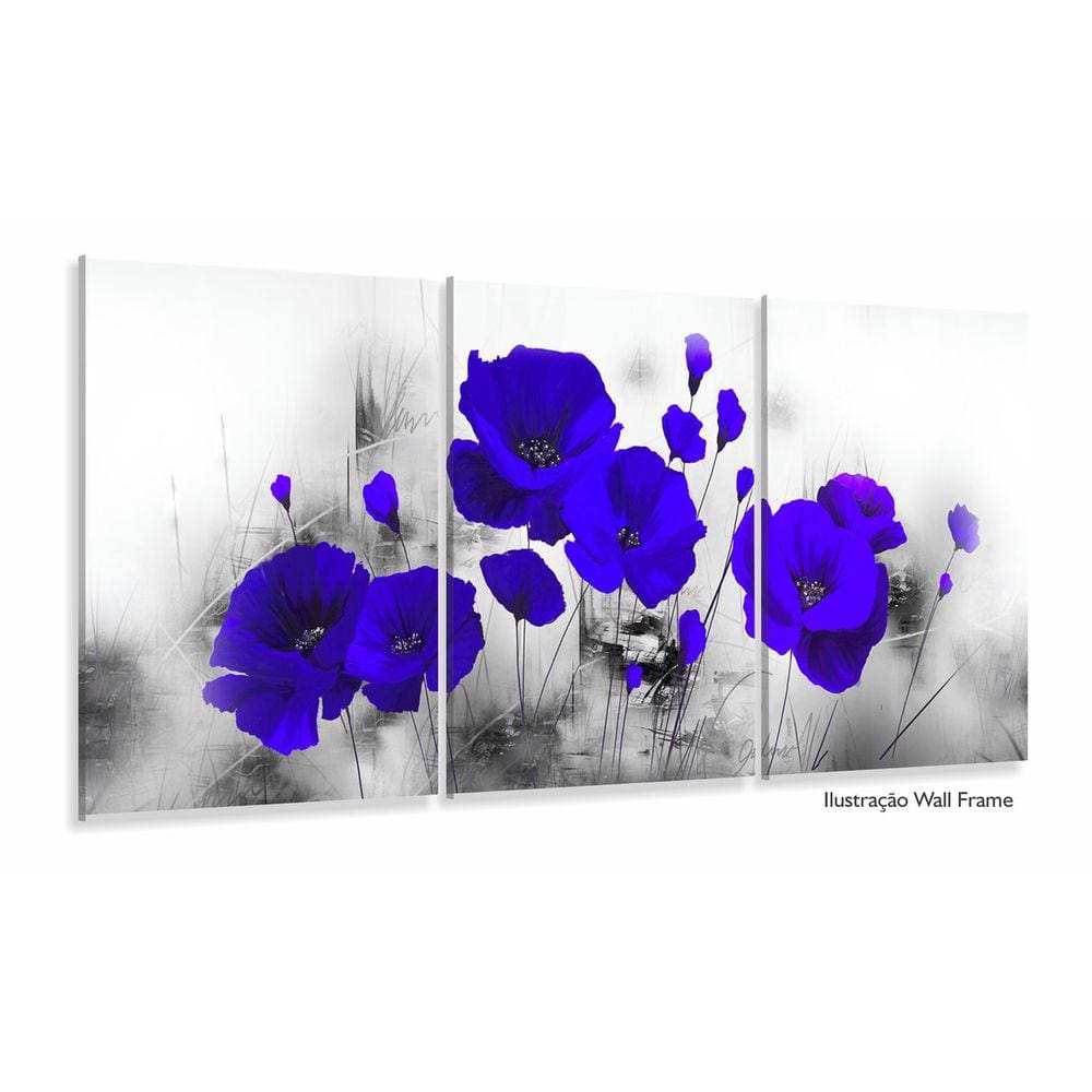 Quadro Decorativo Flores Azul 120x60 3 peças