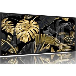 Quadro Folhas Douradas Tropical Conjunto 130x60 Moldura Preta 2x2