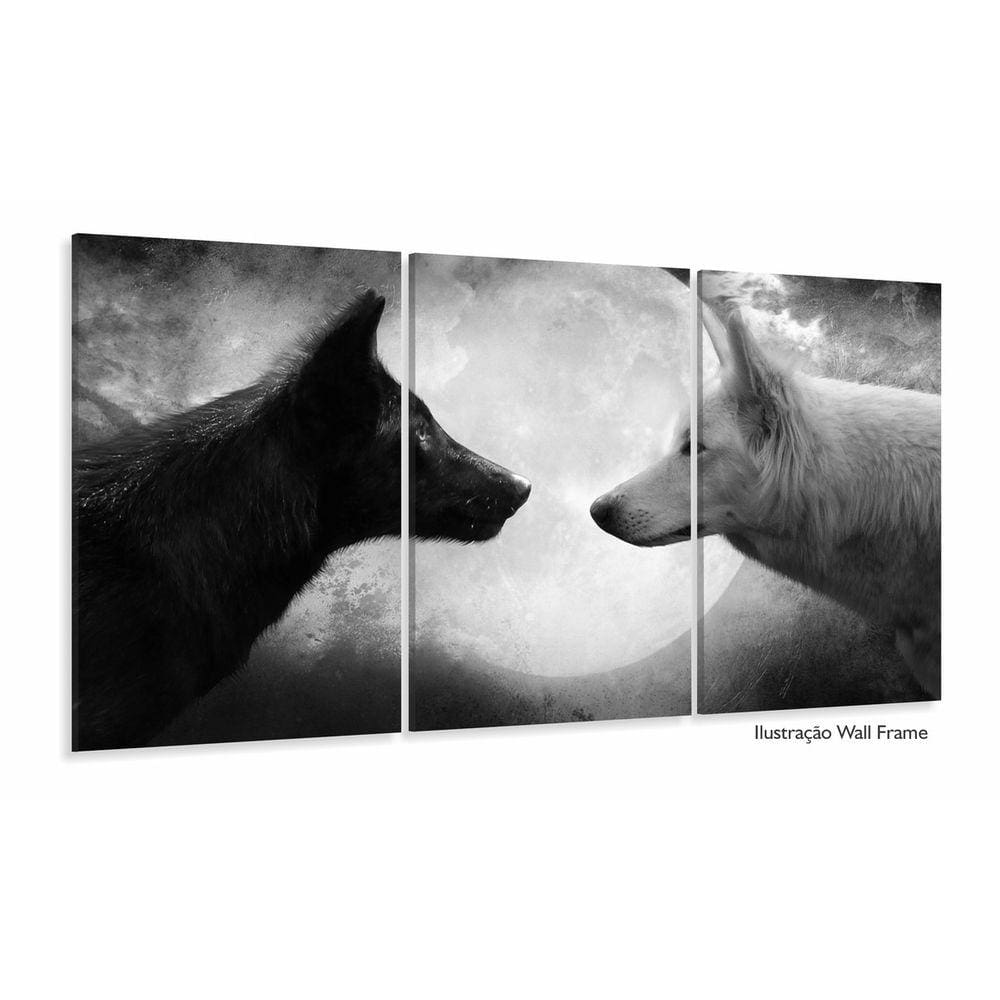 Quadro Decorativo Lobos Preto e Branco 120x60 3 peças sala