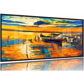 Quadro Decorativo Pintura Barco Na Costa 130x60 Moldura Preta 2x2