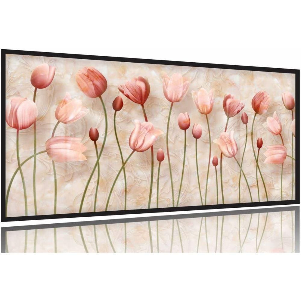 Quadro Flores Tulipas Para Sala Efeito Mármore 130x60 Moldura Preta 2x2