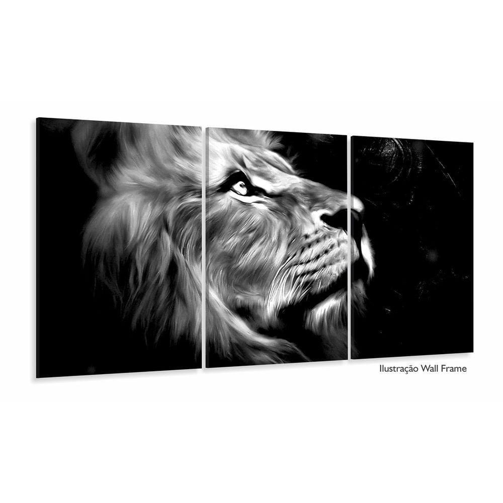Quadro Decorativo Leão Perfil Preto E Branco 3pc Sala Quarto