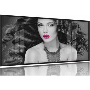 Quadro Decorativo Mulher Beleza Batom Pink 130x60 Moldura Preta 2x2